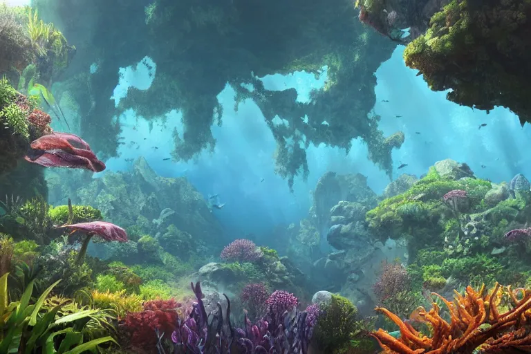 Prompt: dramatic landscape of an underwater garden habitat in the shade. intricate subnautica base, trending on cgsociety, peaceful atmosphere, natural volumetric lighting, exaggerated detail, wide angle, octane render, raytraced realistic