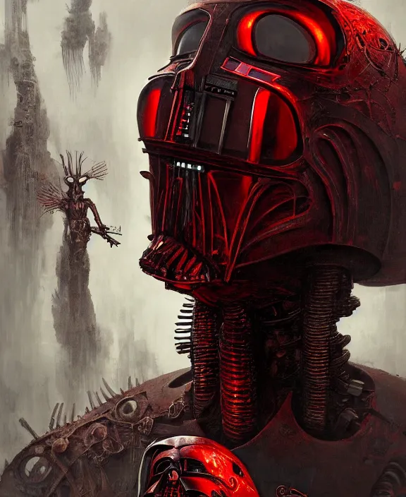 Image similar to a red steampunk darth vader with mechanical tendrils resembling spinal columns extending from his body, by HR Giger and Beksiński and Stephan Martiniere , 4k resolution, detailed, trending on artstation