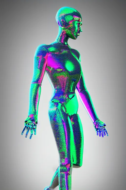 Prompt: 3d render of holographic human robotic made of glossy iridescent, full body robot, full body render, surrealistic 3d illustration of a human non-binary, non binary model, 3d model human, cryengine, made of holographic texture, holographic material, holographic rainbow, concept of cyborg and artificial intelligence