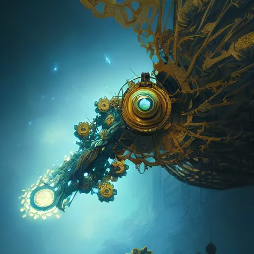 Image similar to within a flower the whole and finite capsule apparent with awe the apparition, an idea seep's into infinity highly detailed in volumetric latent space, golden turquoise steampunk, high contrast cinematic light, mystical shadows, sharp focus, divine realm of gods, octane render, artist by greg rutkowski,