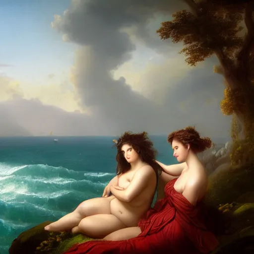 Prompt: a stunning matte landscape painting of a voluptuous and unbelievably beautiful sappho and her friend sitting on a cliff facing away from the camera in the rain watching the sunrise over the ocean, turbulent ocean in the background, intricate, elegant, highly detailed, artstation, ultra sharp focus, octane render, volumetric lighting, in a neoclassical and baroque style