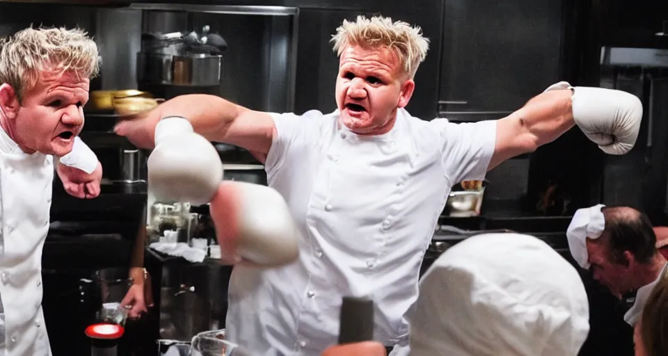 Image similar to photo of angry furious Gordon Ramsay punching Gordon Ramsay at the kitchen