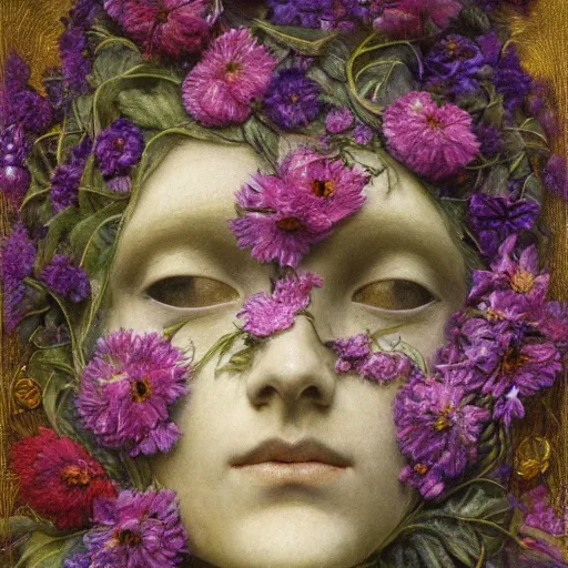 Image similar to masterpiece painting of a facemask made of flowers, by annie swynnerton and jean delville and tino rodriguez, flower mask, symbolist, dramatic lighting, god rays, elaborate geometric ornament, soft cool colors, smooth, sharp focus, extremely detailed