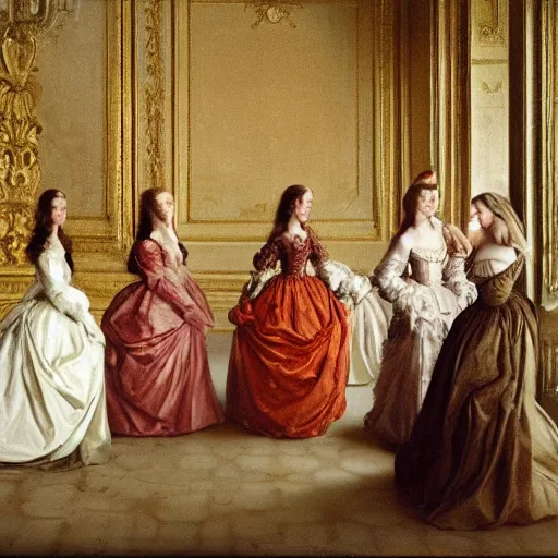 Prompt: fine art, oil on canvas. six women at the garden of the palace of versailles in france wearing fine clothes, no faces visibles. dark room with light coming through the right side. baroque style 1 6 5 6. high quality realistic recreation of illumination shadows and colors, no distortion on subject faces.