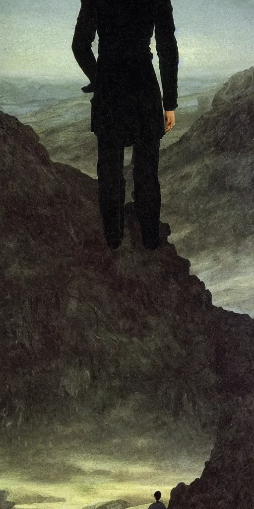 Prompt: isolation, trees in the background, wanderer above the sea of fog by caspar david friedrich, shoulders long black hair, teenager, highly detailed, one! full body single portrait