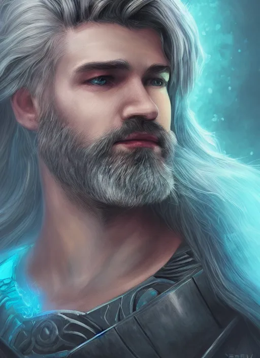 Image similar to an epic fantastic realism comic book style portrait painting of an aasimar paladin, male, silver shaggy hair, short brown beard, d & d concept art, unreal 5, daz, teal aesthetic, octane render, cosplay, rpg portrait, dynamic lighting