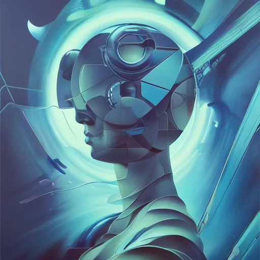 Image similar to scifi futurism automaton minimalism chrome by peter mohrbacher art Hajime Sorayama airbrush hyperrealism model abstract shatter fragments cubism futurism pastel blue soft flat minimal minimalism portrait face jackson pollock ukiyo-e lithograph mark ruthko swirl escape noise shimmer glow paint