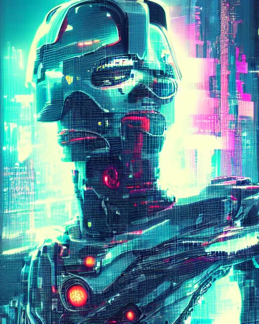 Image similar to a glitch art painting of cyberpunk cyborg knight / wizard trending on artstation deviantart pinterest detailed realistic hd 8 k high resolution