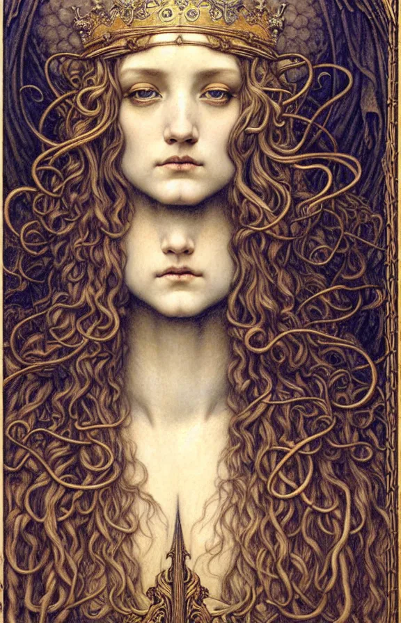 Image similar to detailed realistic beautiful young medieval queen face portrait by jean delville, gustave dore and marco mazzoni, art nouveau, symbolist, visionary, gothic, pre - raphaelite. horizontal symmetry