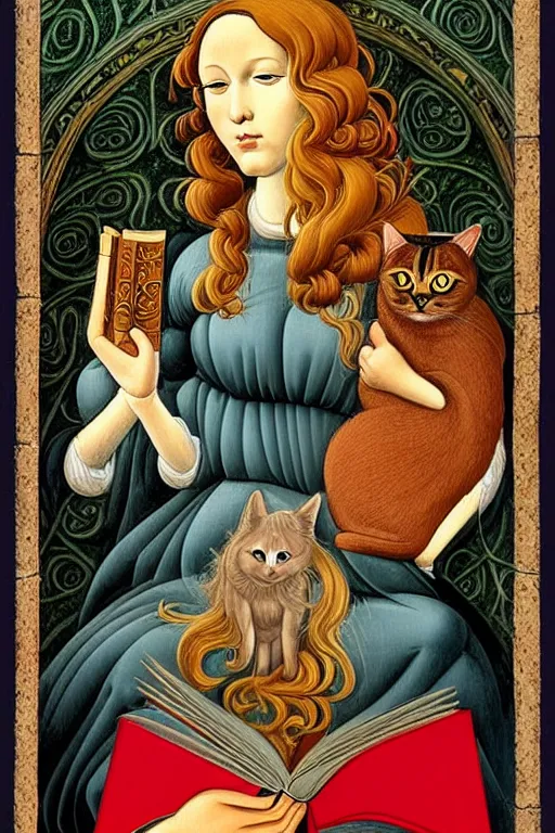 Prompt: botticelli illustration of romantic girl, her cat and her book of necronomicon, symmetrical, cinematic, sharp focus, 4 k, ultra hd, sense of awe, sinister demonic atmosphere, dreadful, forbidden knowledge, old gods, cthulhu, yog - sothoth! yah, yah, yah! cultist journal cover