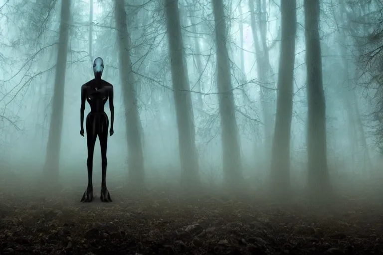 Prompt: a mystical alien standing in a dark, gloomy forest, detailed, mythical, mist, depressing, tired, dark, lush, nature, mist, mystery, glows, somber, dismal, fog, heavy fog, dark lighting, rim light, ambient light,