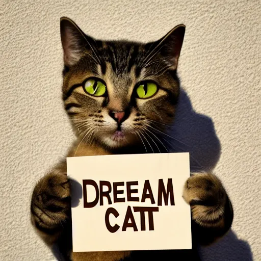 Prompt: realistic high quality photo of a cute cat holding a sign with text that reads : dream cat, cast