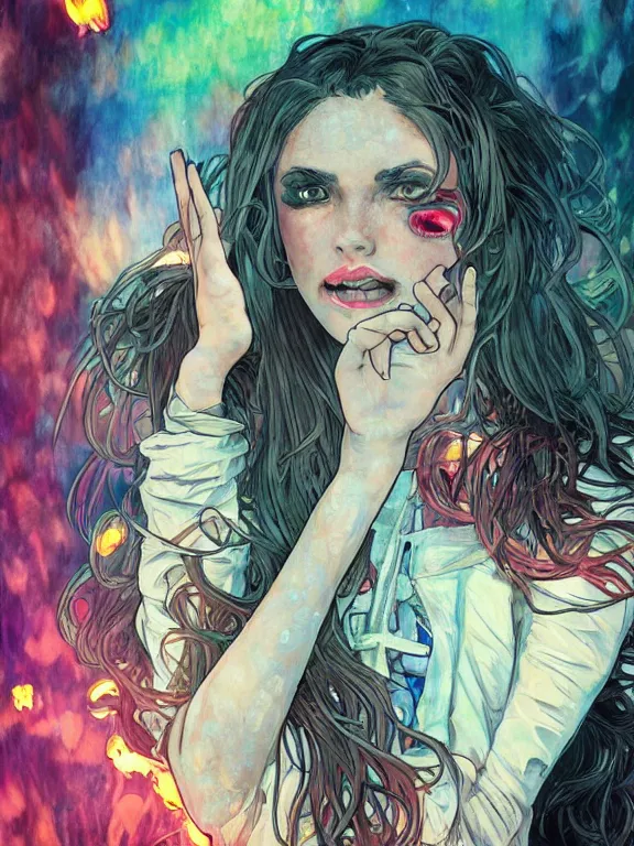 Image similar to digital illustration of a girl with eyes that burn like cigarettes wearing a short skirt and a long jacket with fingernails that shine like justice, dramatic lighting, photorealistic, extreme detail, 4 k, colorful, artgerm and alphonse mucha, watercolor