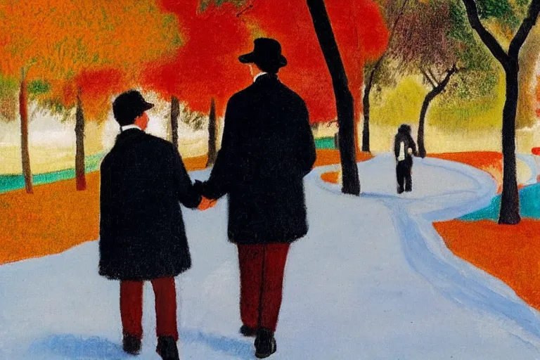 Prompt: a very tall man with dark hair holding the hands of a short young boy as they walk in a park on a bright beautiful winter day. part in the style of an edgar degas painting. part in the style of david hockney. triadic color scheme