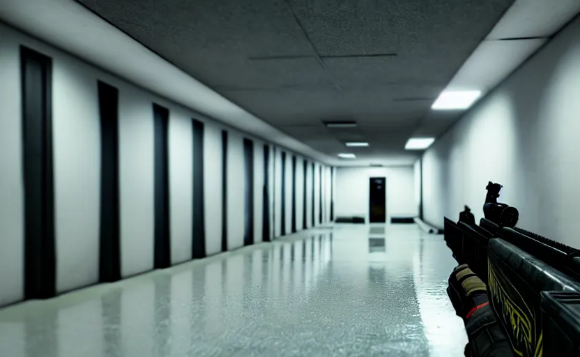 Prompt: screenshot of a first person shooter game on unreal engine 5, narrow modern hallways of a government office facility with white dry wall, female hands painted nails holding shotgun, photorealistic, retrofuturism, concept art, trending on artstation