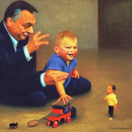 Image similar to viktor orban playing with a small child, oil painting