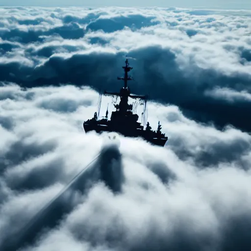 Image similar to birds - eye view of a flying battleship surrounded by clouds.