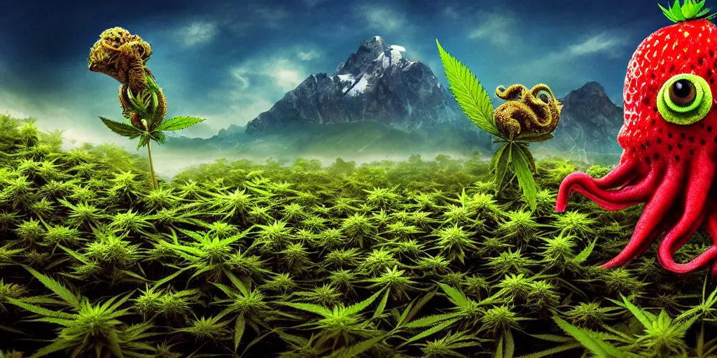 Prompt: weed, marijuana nug, weed leaf, cthulhu, growing out of the ground, scenic, garden of weed, octopus in the sky, mountains, digital art, 4 k, 8 k, strawberry fields forever, amazing art