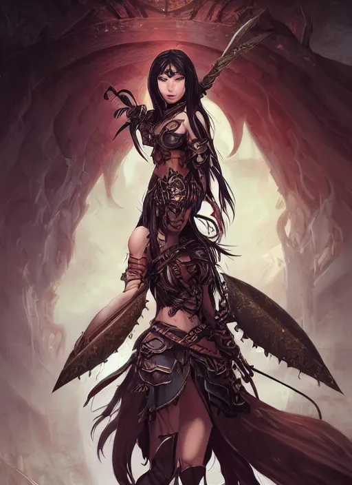 Image similar to beautiful warrior lady, black long hair, practical armor, brown skin, demonic eyes, low fantasy, extremely detailed, sharp focus, smooth, digital illustration, by rossdraws, frank franzzeta, sakimichan