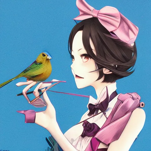 Image similar to colored pencil, anime art, beautiful full body female pinup girl, she is holding an indigo bunting bird, in her hand, the bird is wearing a bowtie, wlop, rossdraws sakimimichan, ilya kuvshinov, krenz cushart