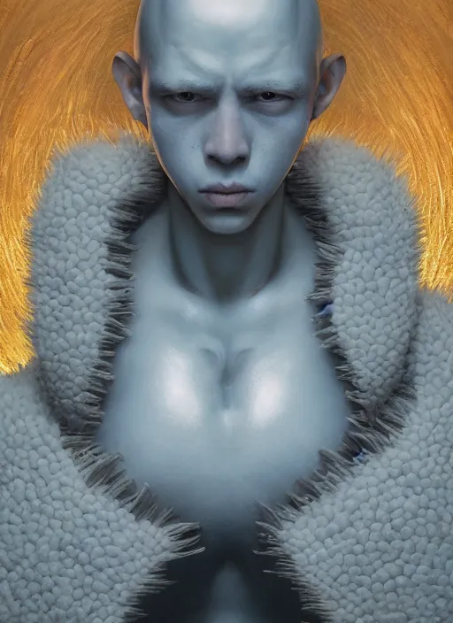 Image similar to masterpiece portrait of anthropic minion saitama, au naturel, hyper detailed, digital art, trending in artstation, cinematic lighting, studio quality, smooth render, unreal engine 5 rendered, octane rendered, art style by klimt and nixeu and ian sprigger and wlop and krenz cushart and kim jung gi and greg rutkowski