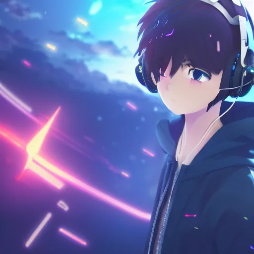 Image similar to an anime music producer with headphones on, official art, key visual, studio lightning, very detailed bd cover, Kimi no Na Wa, hyperrealistic, artstation, caustics, trending on Artstation, 8K, octane renderer, rtx on