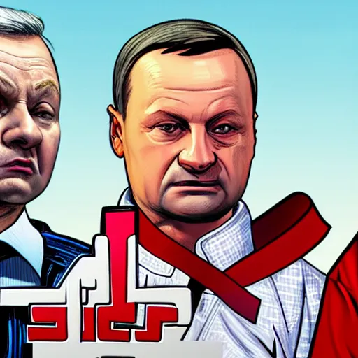 Prompt: Jarosław Kaczyński and Andrzej Duda in GTA cover