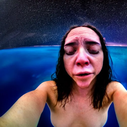 Image similar to Selfie!!!!! of a frightened!!!!! woman, in the middle of the ocean!!!!!, nighttime!!!!, cloudy dark sky, first-person view, fisheye!!!!! lens!!!!!, photorealistic image, trending on artstation, 4k, 8k