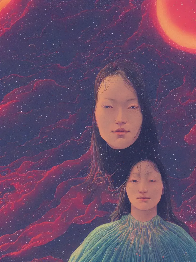 Image similar to a closeup hyperrealistic portrait of a young siberian woman with intricate details, floating in space and dreaming psychedelic hallucinations in the vast icy landscape of antarctica, volcano lava drips in antigravity of the cosmos by kawase hasui, moebius and edward hopper, colorful flat surreal design, hd, 8 k, artstation