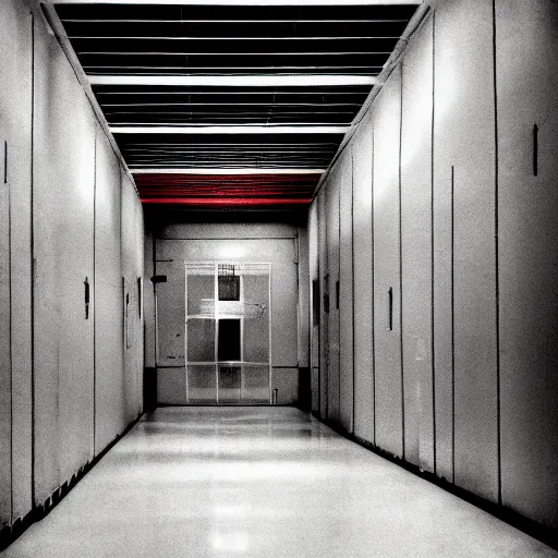 Image similar to noisy color photograph of a retrofuturist liminal space, laboratory, prison, minimalist, cinematic