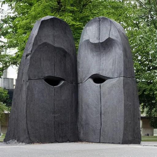 Prompt: distorted by nobuo sekine. in the center of the street art is a large gateway that seems to lead into abyss of darkness. on either side of the gateway are two figures, one a demon - like creature, the other a skeletal figure.