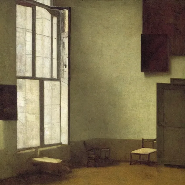 Image similar to interior of a flooded old house full of furniture. painting by hammershoi, balthus, mark rothko, vermeer, monet