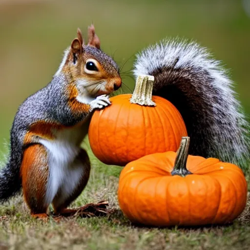 Prompt: squirrel with pumpkin on head