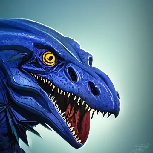 Image similar to portrait of an antropomorphic raptor creature, reptile face, dark blue scales, angry look, ready for battle, mattepainting concept blizzard pixar maya engine on cold night stylized background splash comics global illumination lighting artstation lois van baarle, ilya kuvshinov, rossdraws