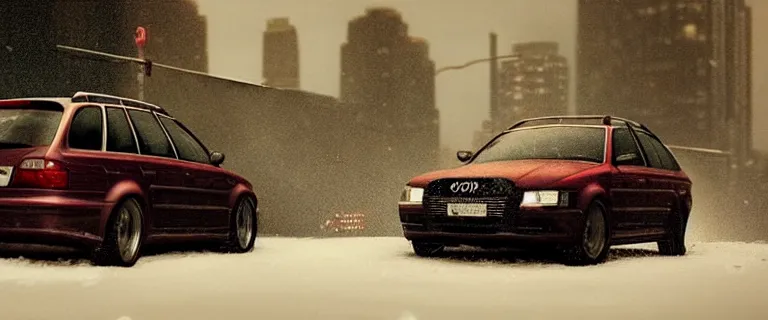 Image similar to Audi A4 B6 Avant (2002), a gritty neo-noir, dramatic lighting, cinematic, eerie person, death, homicide, homicide in the snow, viscera splattered, gunshots, establishing shot, extremely high detail, photorealistic, cinematic lighting, artstation, by simon stalenhag, Max Payne (PC) (2001) winter New York at night, In the style of Max Payne 1 graphic novel, flashing lights, Poets of the Fall - Late Goodbye