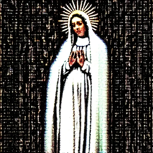 Image similar to vhs static overlay of virgin mary, vhs, 1 9 9 0, highly realistic, highly detailed, vhs noise static, black and white, vhs glitch