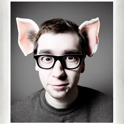 Image similar to portrait of the nerd guy, with cracked nose, pig ears, soyjack, front view, photography