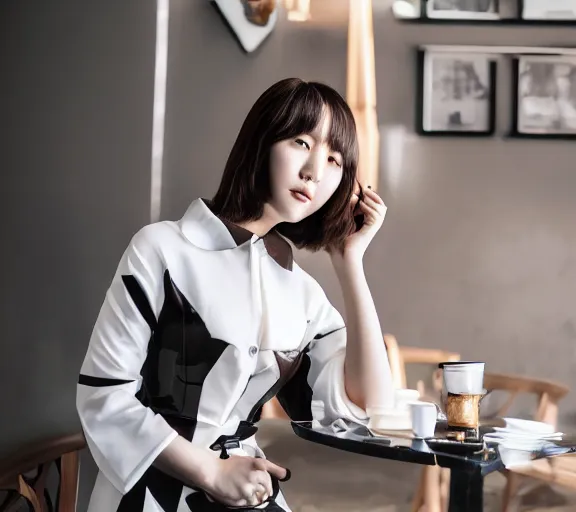 Image similar to stunning young adult korean woman in a coffee shop wearing low poly, glossy white armor, magazine photo, 5 0 mm