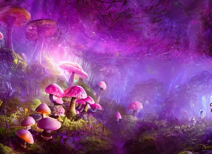 Image similar to glowing delicate flower and mushrooms that grow in a dark fatansy forest on the planet Pandora,