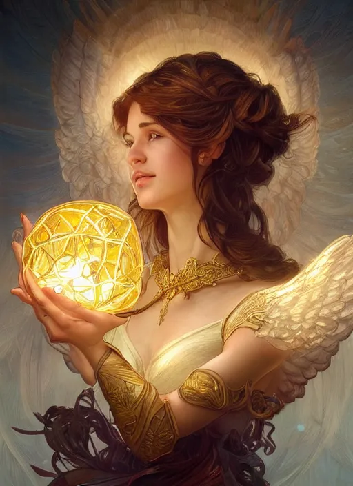 Image similar to close up portrait of beautiful angel holding golden orb of light, d & d, face, fantasy, intricate, elegant, highly detailed, digital painting, artstation, concept art, smooth, sharp focus, illustration, art by artgerm and greg rutkowski and alphonse mucha