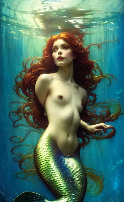 Prompt: magic gorgeous young mermaid goddess portrait, underwater lighting by weta studio, mucha, bautista and norman rockwell and greg rutkowski and tom bagshaw and james gurney and lucasfilm