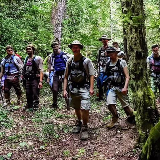 Prompt: A group of friends were hiking through the woods when they came across an ancient temple. They are surrounded by a group of armed men.