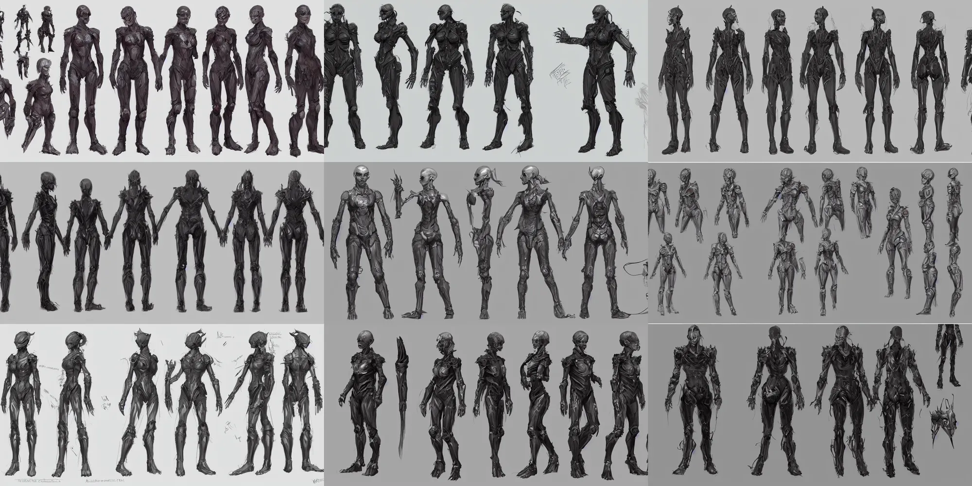 Prompt: character concept art : : character design sheet : : character model sheet : : augmented limbs, exoskeleton, artstation