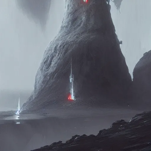 Image similar to star wars concept art by greg rutkowski, a palatial and imposing grey wide tower emerging from the lava in the middle of a lava rocky landscape, enigmatic atmosphere, beautiful and cinematic lighting, artstation hq.