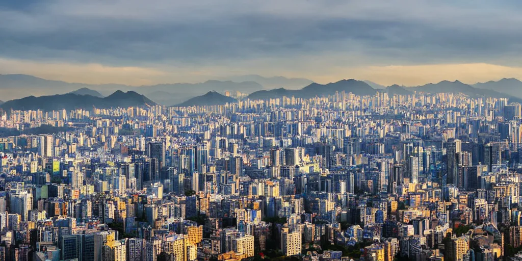 Image similar to Seoul city view, high rises with snow-capped mountains in the background, photograph, photorealism, atmospheric light, clouds, sunset time