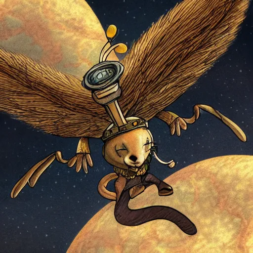 Image similar to a mouse wearing steampunk wings flying through Jupiter, fantasy illustration
