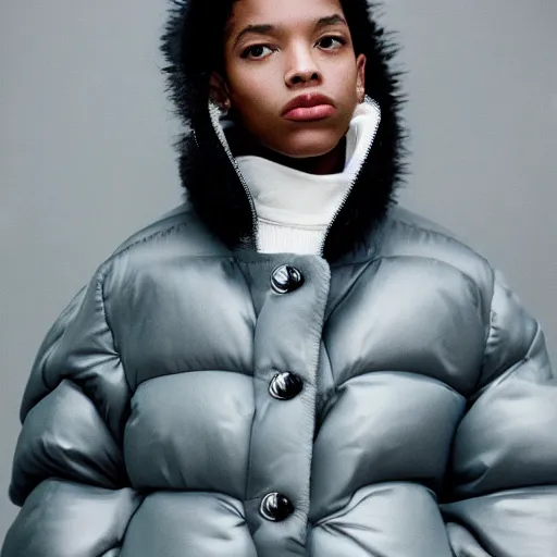 Image similar to realistic! photoshoot for a new balenciaga lookbook, color film photography, portrait of a beautiful woman wearing a puffer jacket, photo in style of tyler mitchell, 35mm