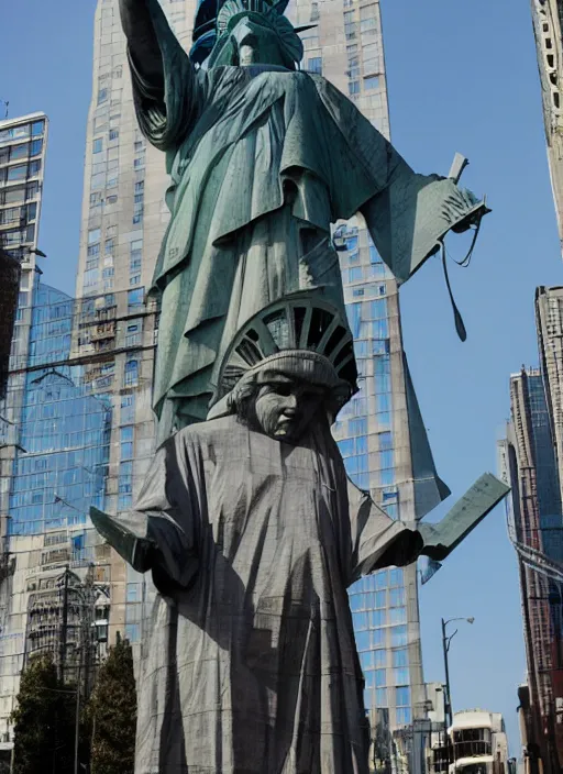 Image similar to giant monster with the face of the statue of liberty walking between buildings