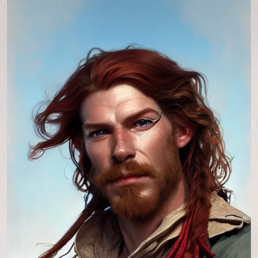 Image similar to portrait of a young ruggedly handsome but joyful pirate, male, masculine, muscular, upper body, red crimson crimson hair, long long flowing hair, fantasy, smug smirk, intricate, elegant, highly detailed, digital painting, artstation, concept art, matte, sharp focus, illustration, art by artgerm and greg rutkowski and alphonse mucha