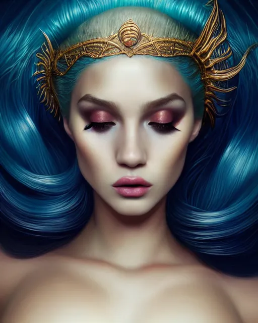 Image similar to portrait of mermaid, zoom, rule of thirds, atmosphere, intricate, vogue, regal, latinas, symmetrical!!, makeup, loreal, maybelline, sephora, loreal, artstation, art by artgerm and gonzalo ordonez arias, moody, concept art, filmic, vsco